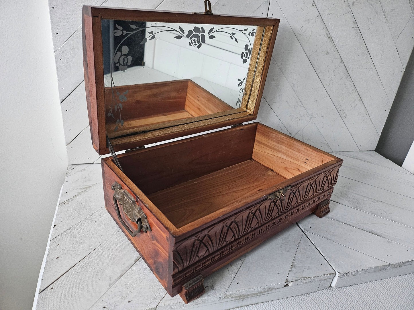 Carved Wood Leather Motif Jewelry Box