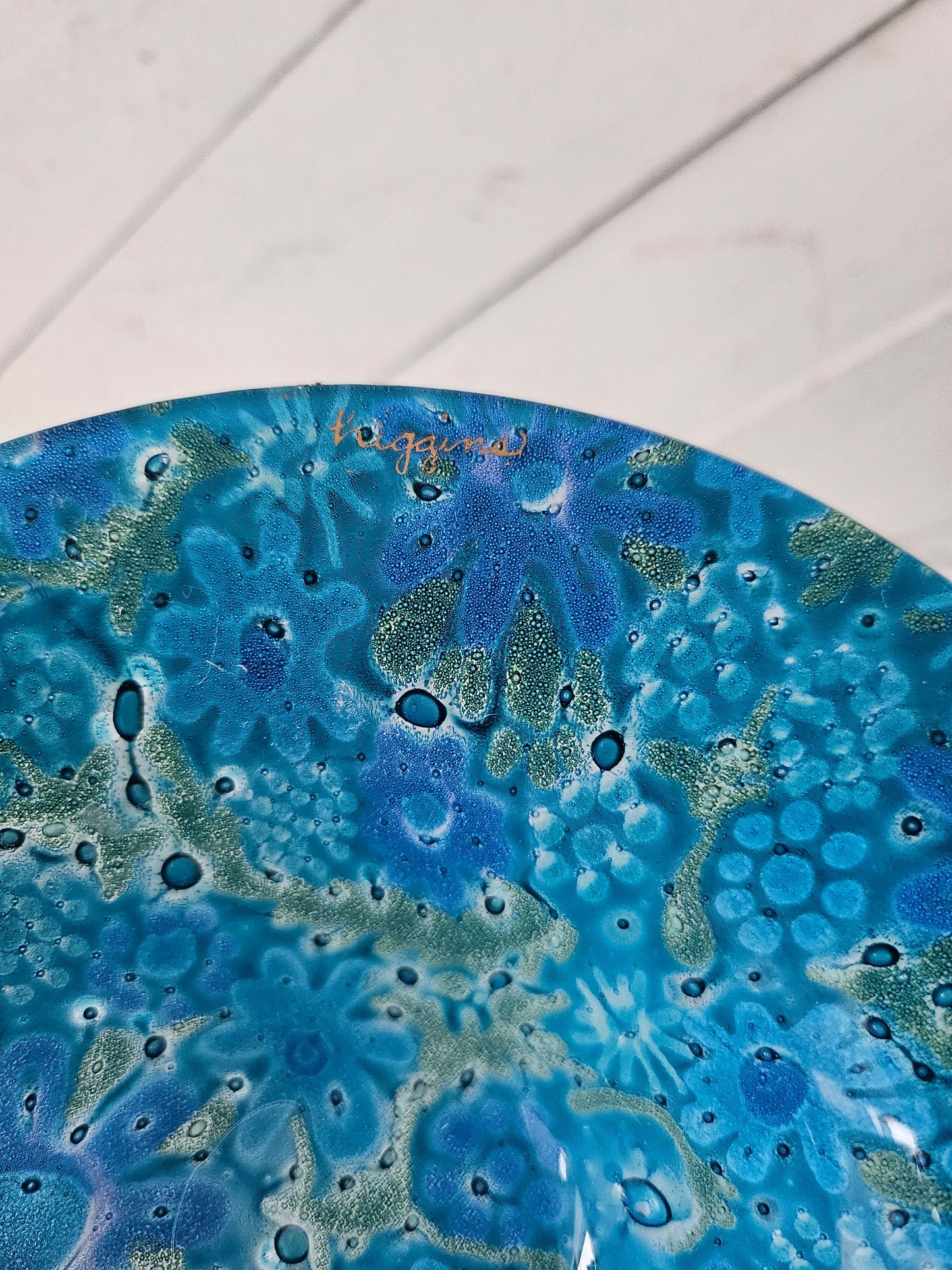 Higgins Blue Art Glass Floral Bowl