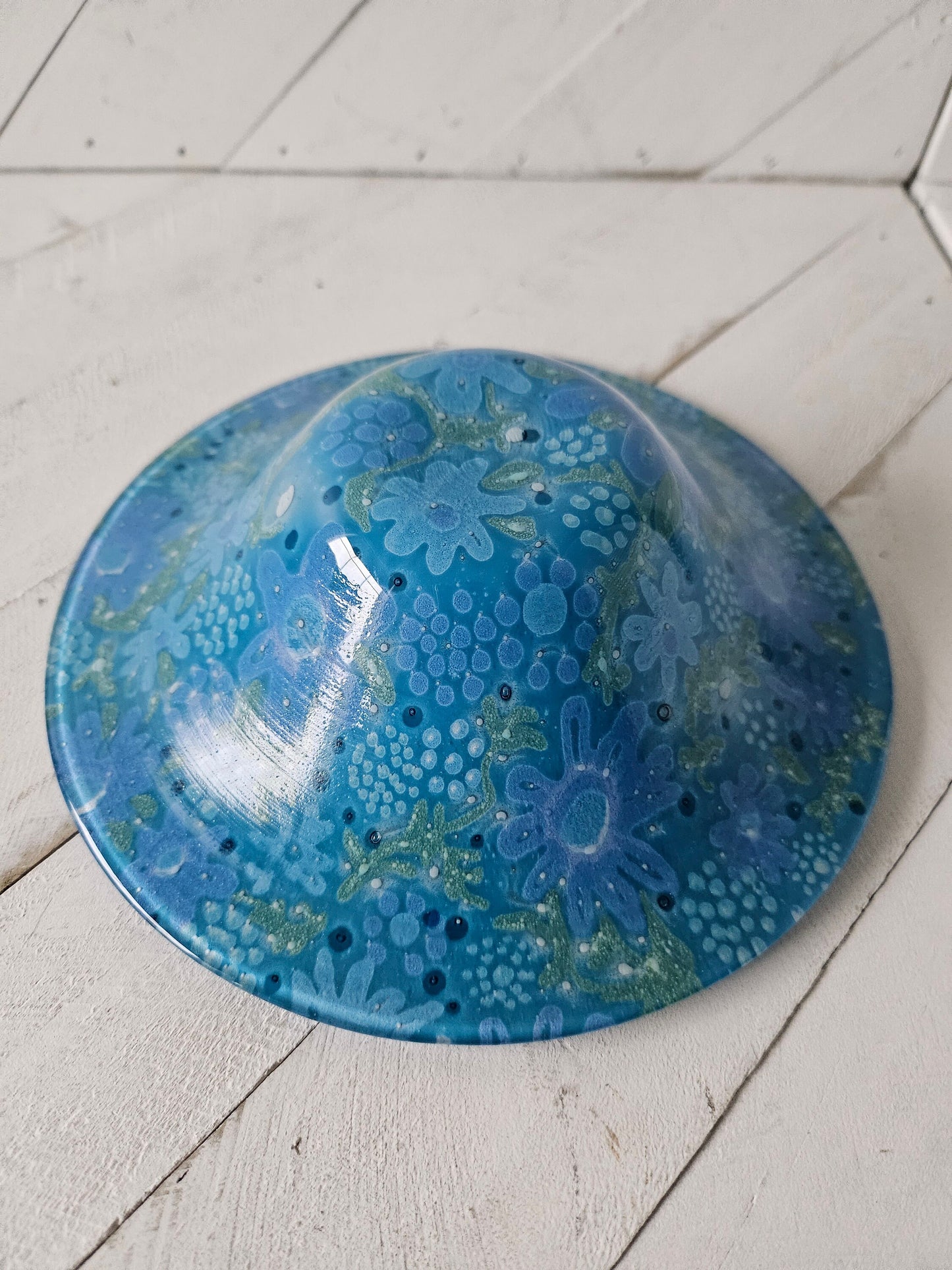 Higgins Blue Art Glass Floral Bowl