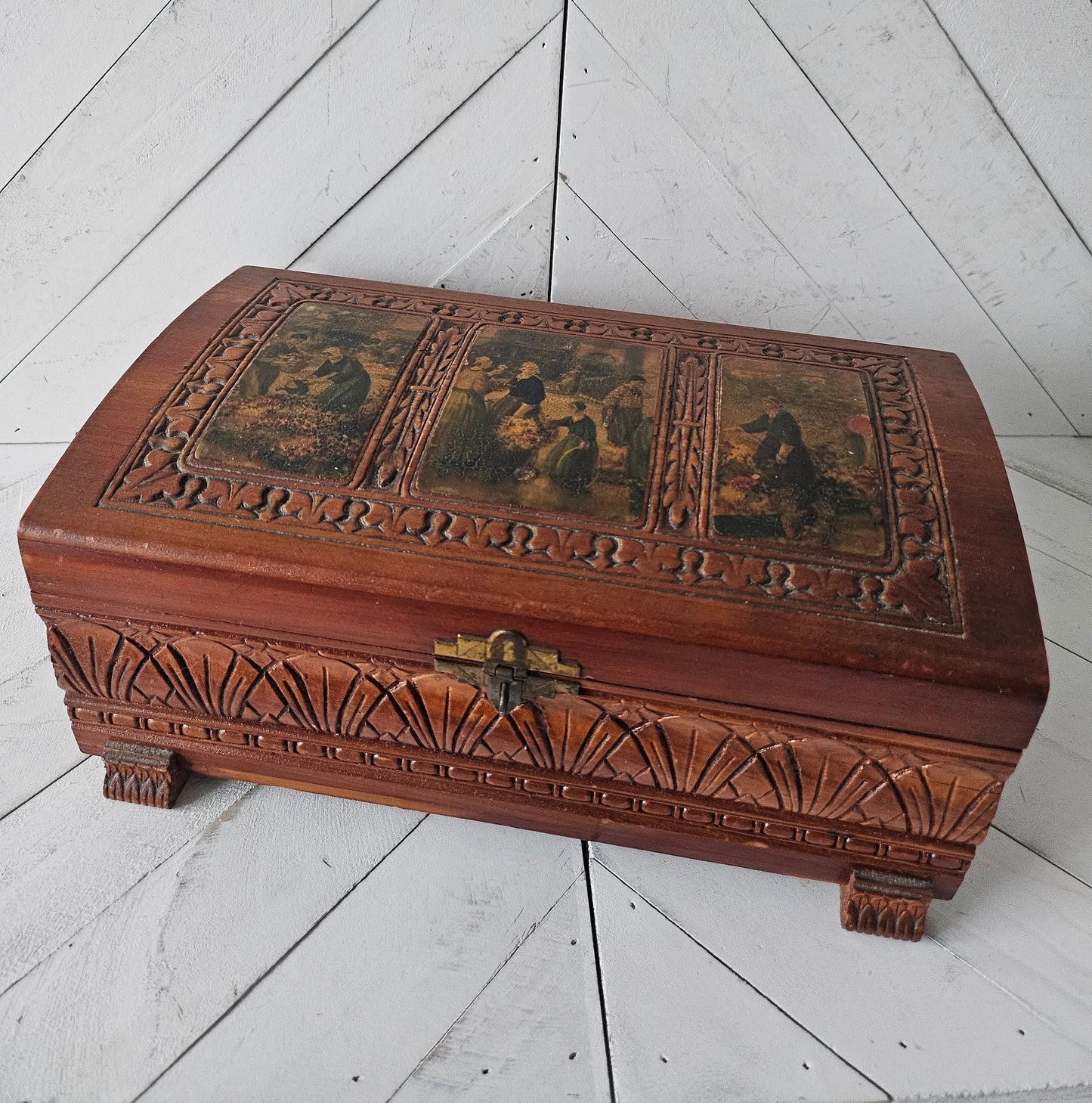 Carved Wood Leather Motif Jewelry Box
