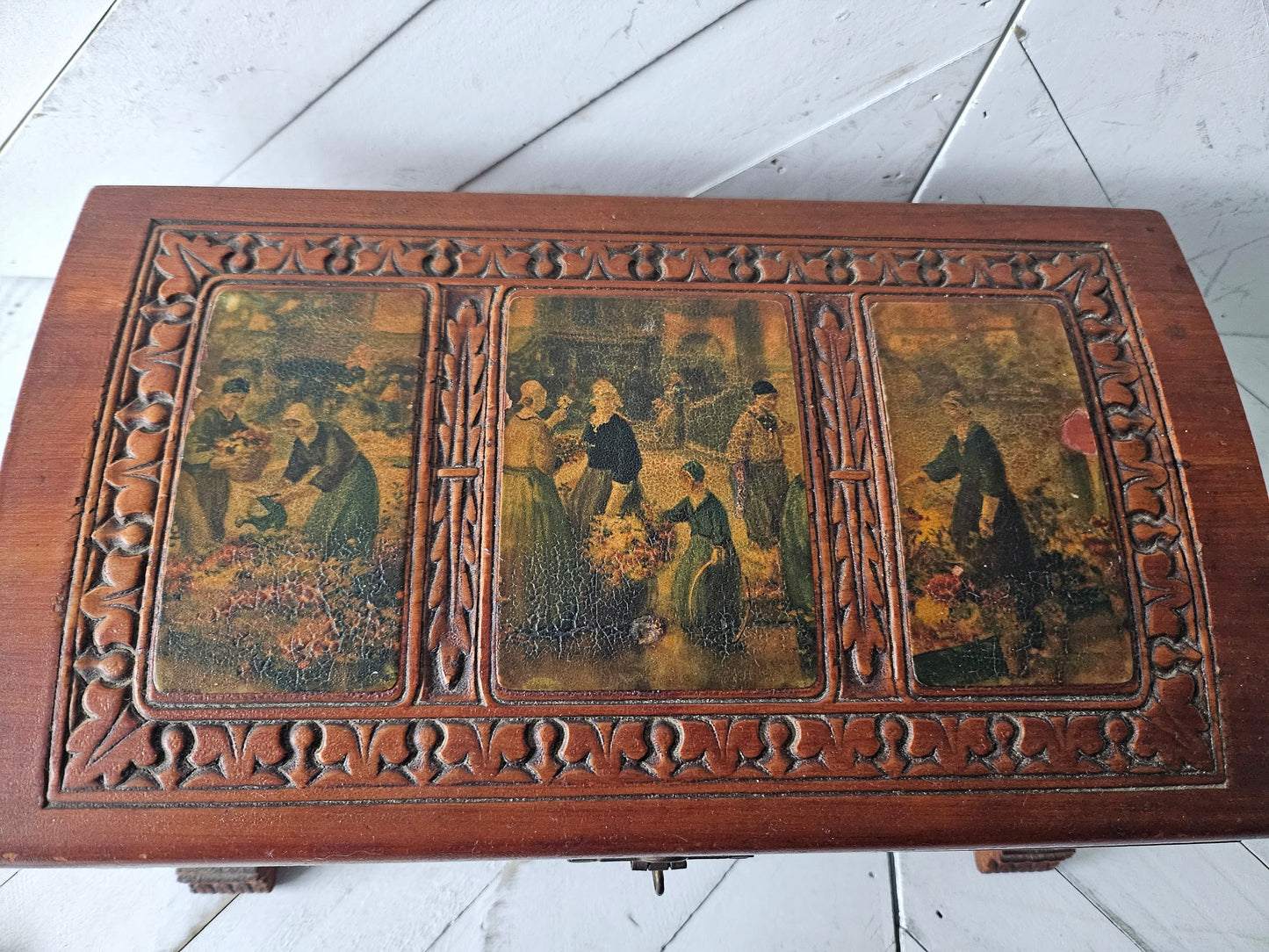 Carved Wood Leather Motif Jewelry Box