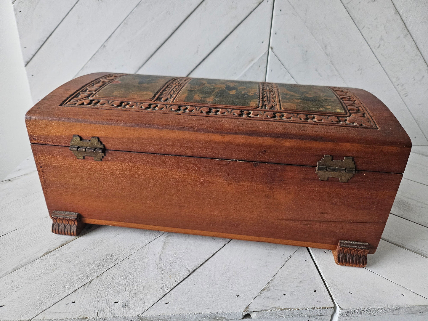 Carved Wood Leather Motif Jewelry Box