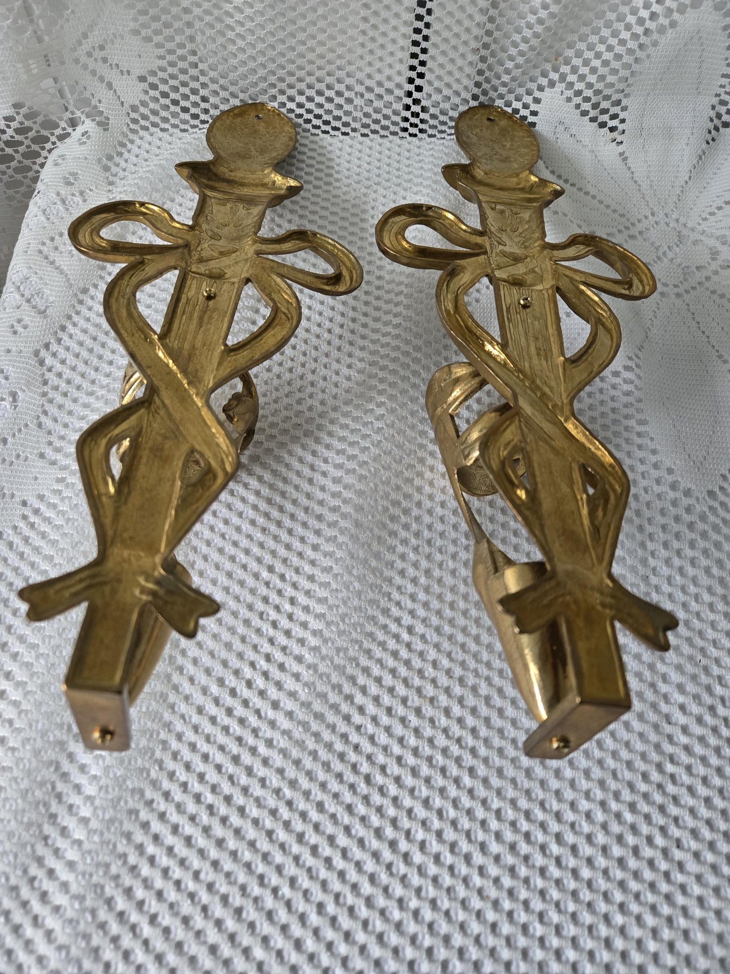 Brass Art Nouveau-Style Wall Sconces w/Glass Trumpet Vases
