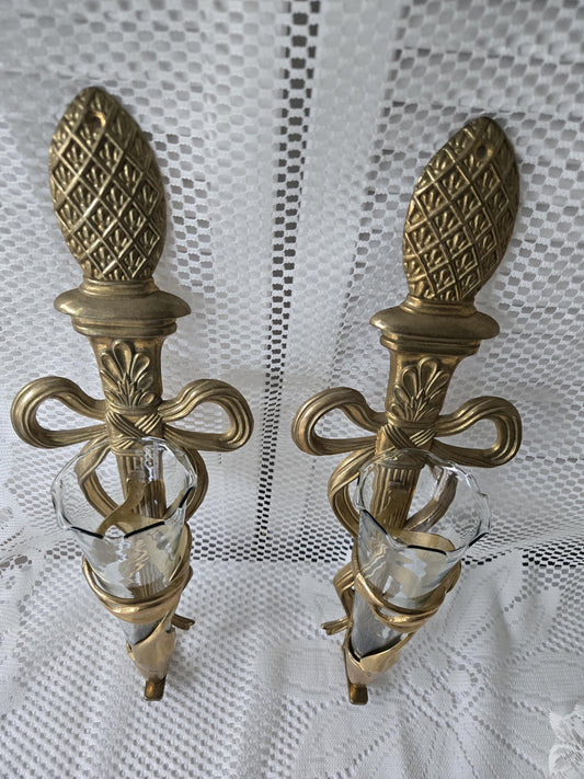Brass Art Nouveau-Style Wall Sconces w/Glass Trumpet Vases