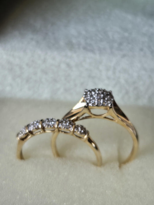 Vintage Diamond Pave Engagement Ring w/Matching Yellow Gold Pave Band 14K