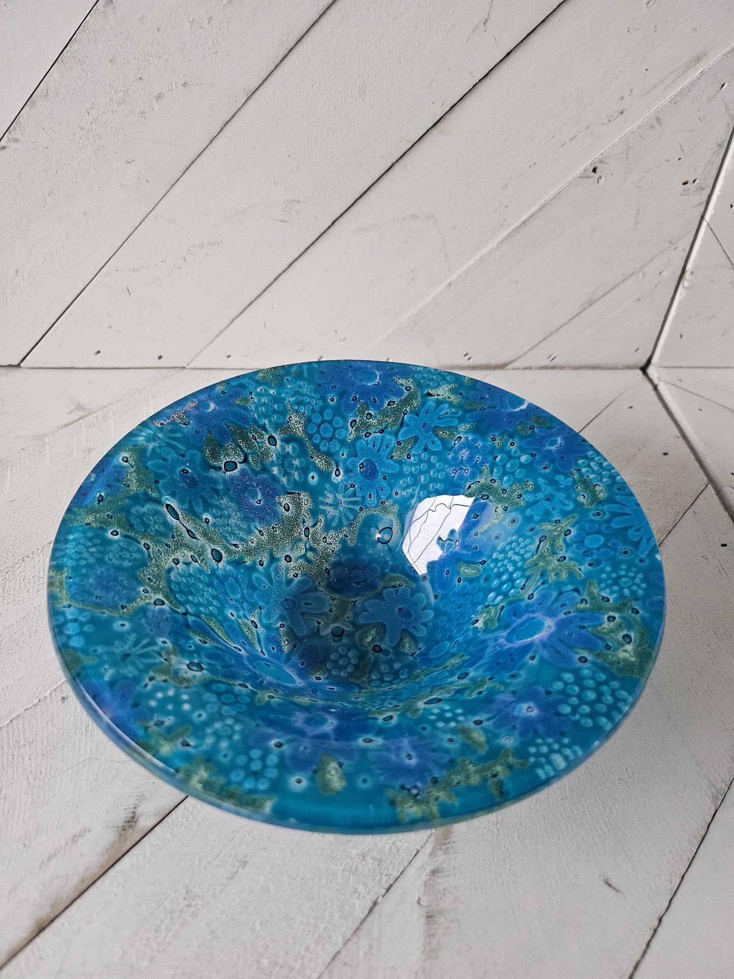 Higgins Blue Art Glass Floral Bowl