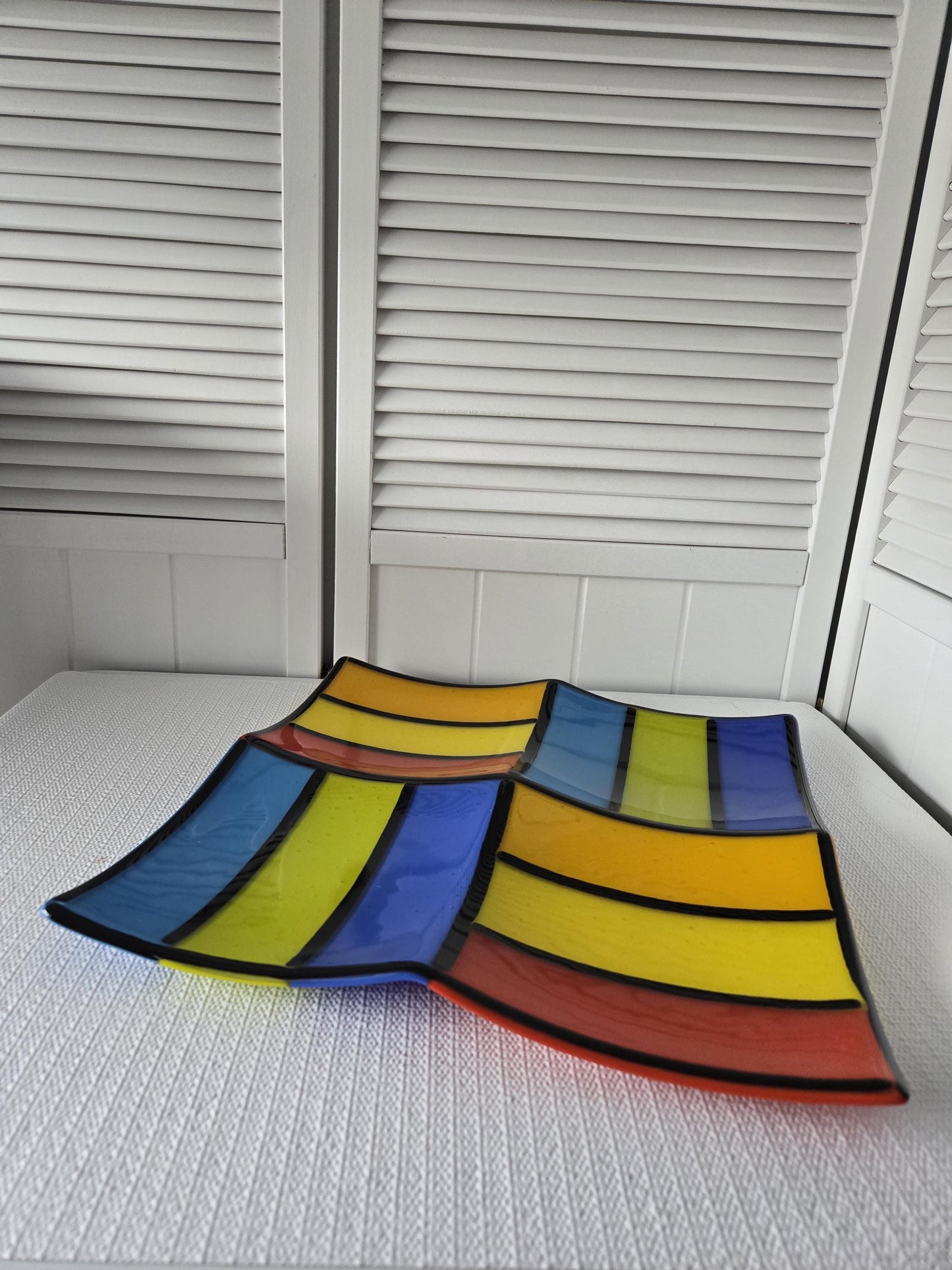 Fused Color Block Art Glass Dish