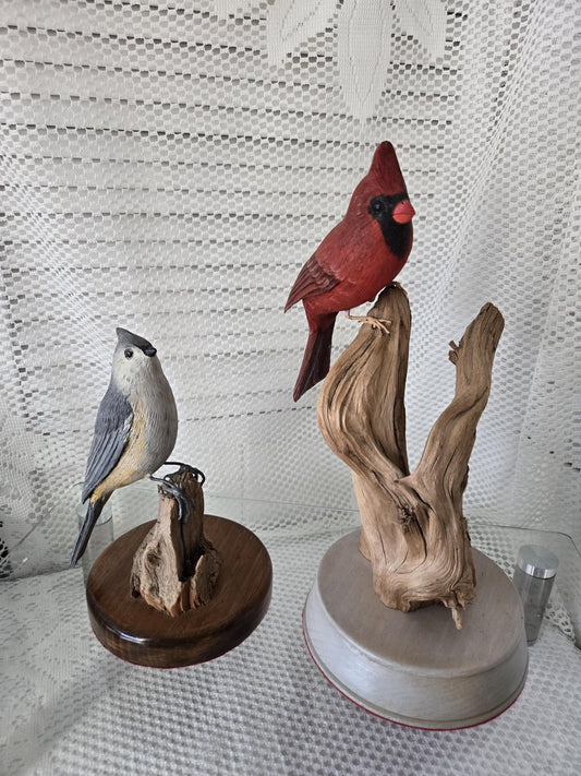 Pair Wood Bird Carvings - Signed R. Cash
