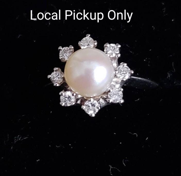 Vintage Estate Pearl and Halo Diamond Ring 18K - Local Pickup Only