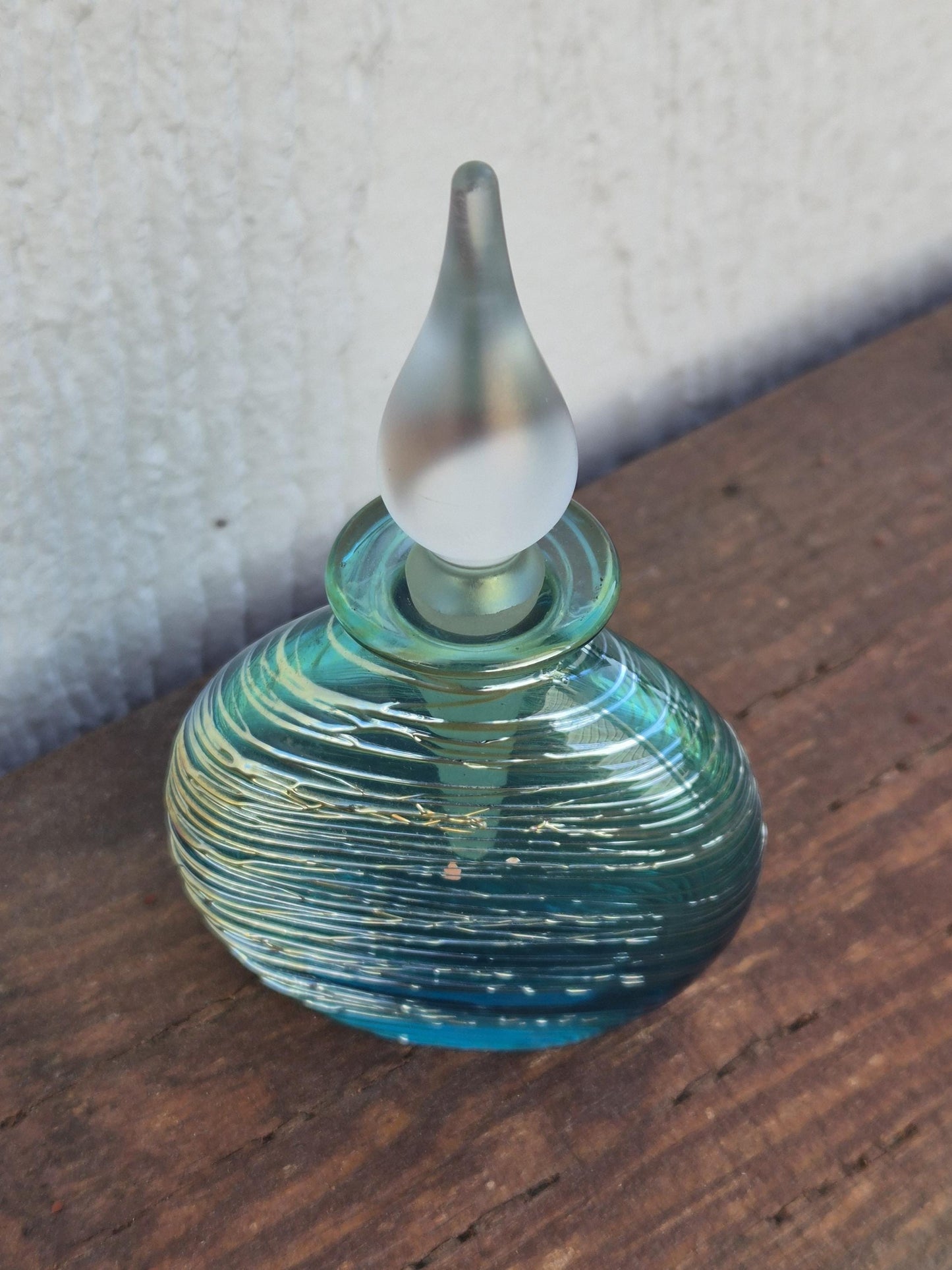 Blue Green Threaded Glass Perfume Bottle - Signed