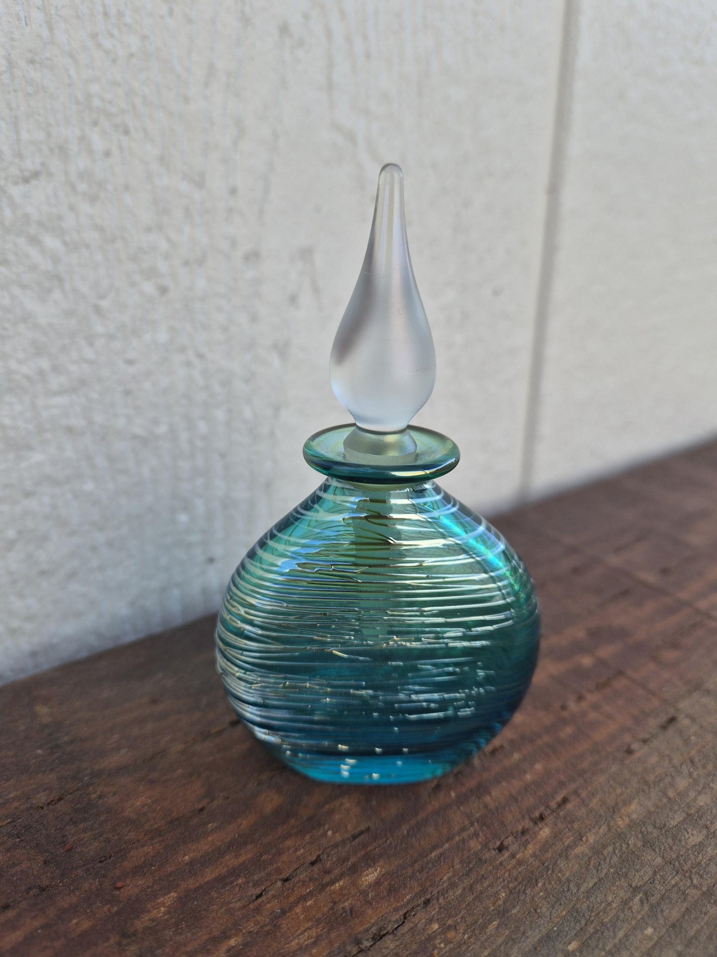 Blue Green Threaded Glass Perfume Bottle - Signed