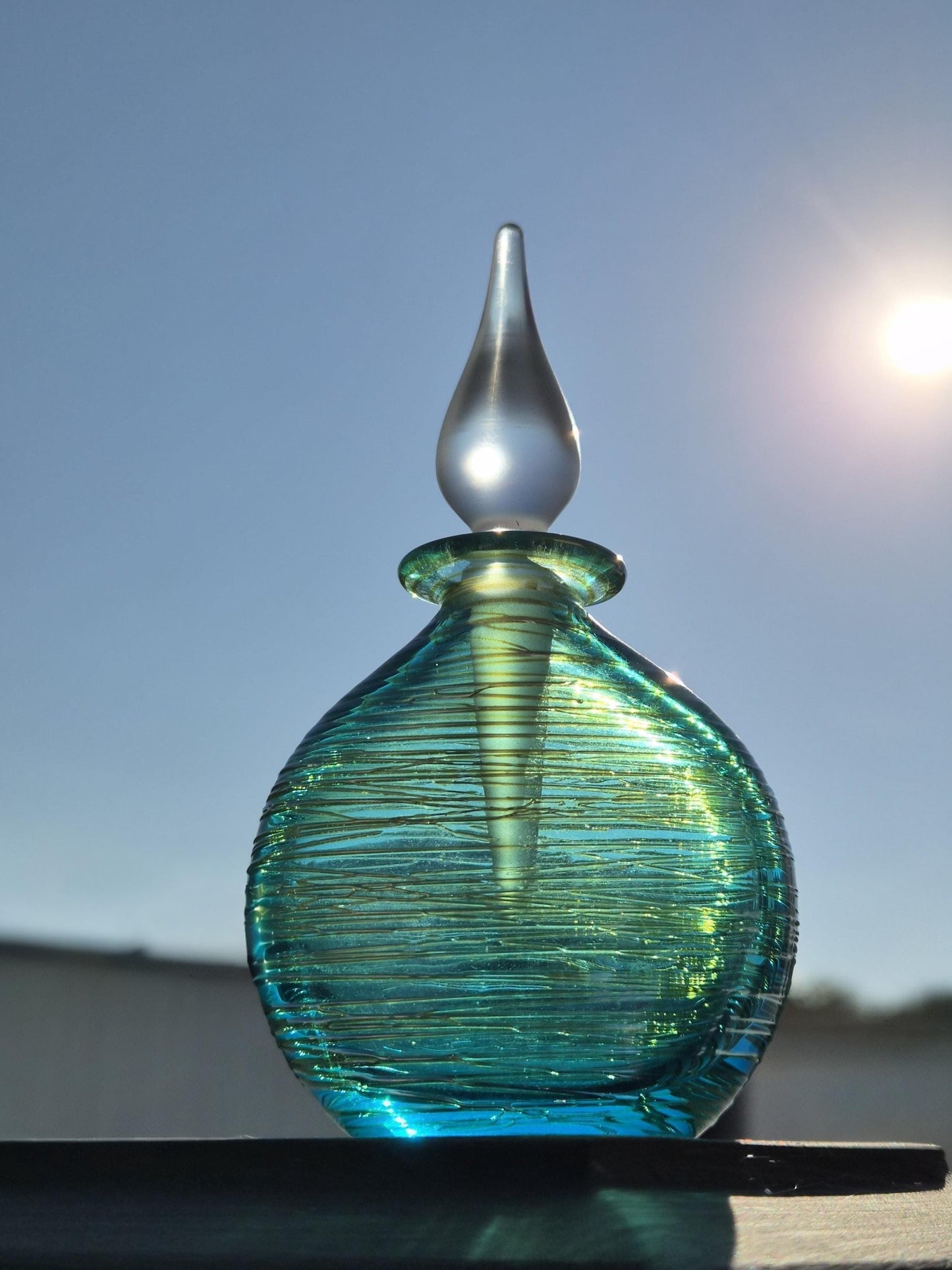 Blue Green Threaded Glass Perfume Bottle - Signed