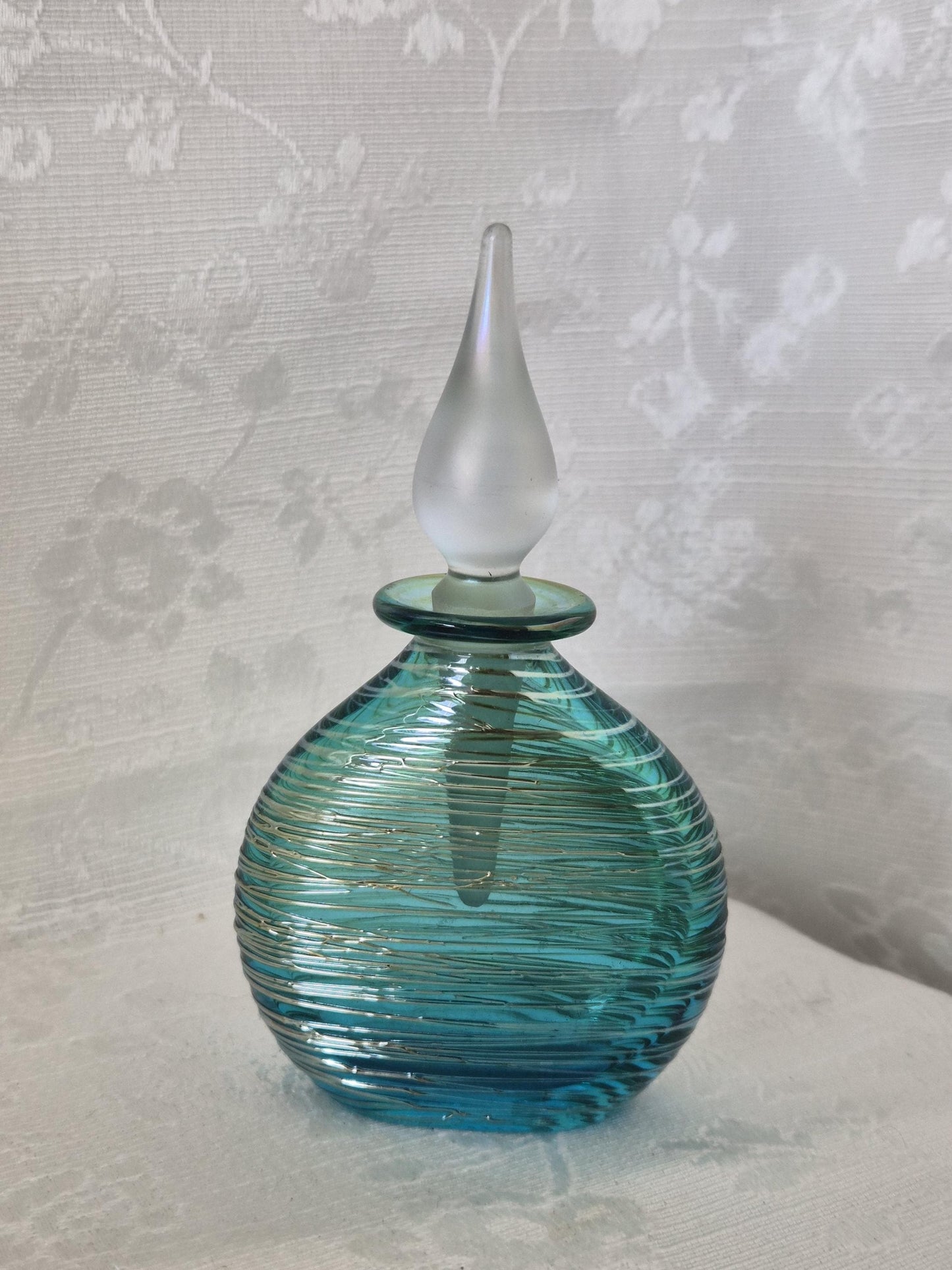Blue Green Threaded Glass Perfume Bottle - Signed
