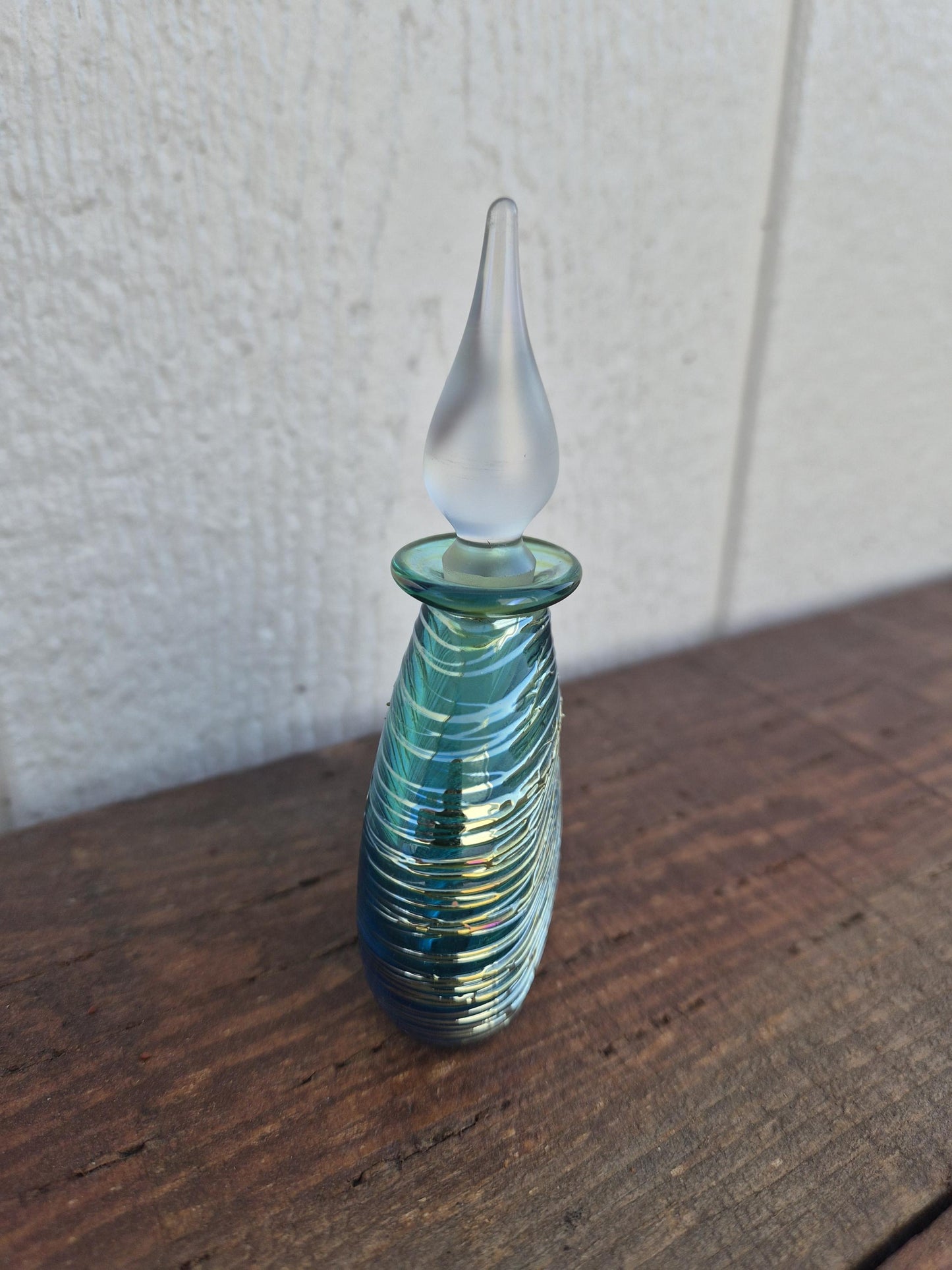 Blue Green Threaded Glass Perfume Bottle - Signed