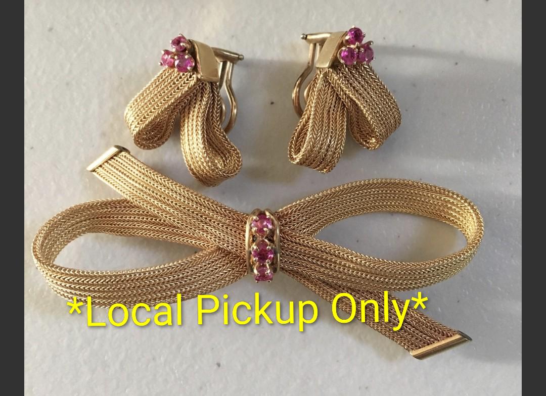 Estate Vintage Cellino 14K Yellow Gold and Pink Sapphire Bow Brooch w/Matching 14K Clip-On Earrings *In-Person pickup only*