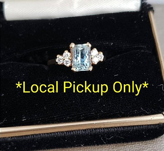 Estate Emerald Cut Genuine Aquamarine and Diamond Ring 14K - *No shipping In-Person pickup only*