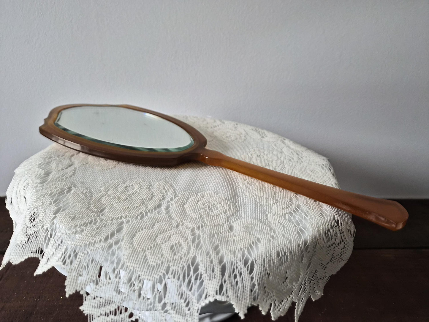 Art Deco Acwalite Ritz Hand Mirror Butterscotch