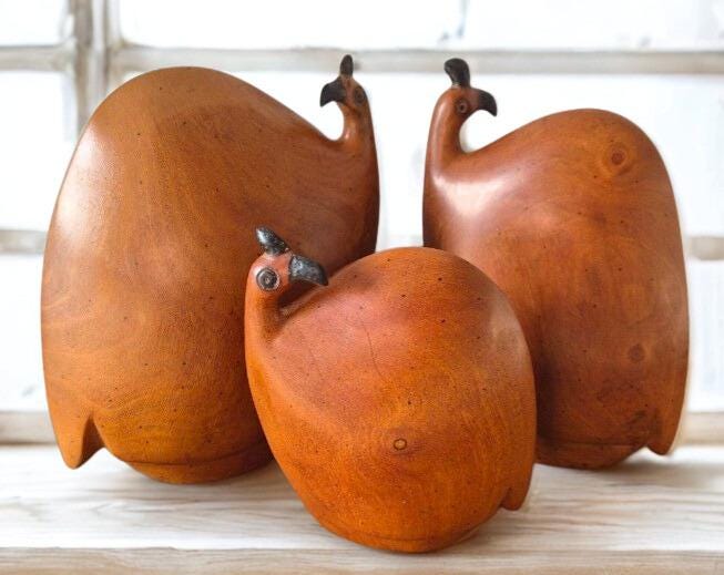Retro Teak Wood Guinea Fowl Family