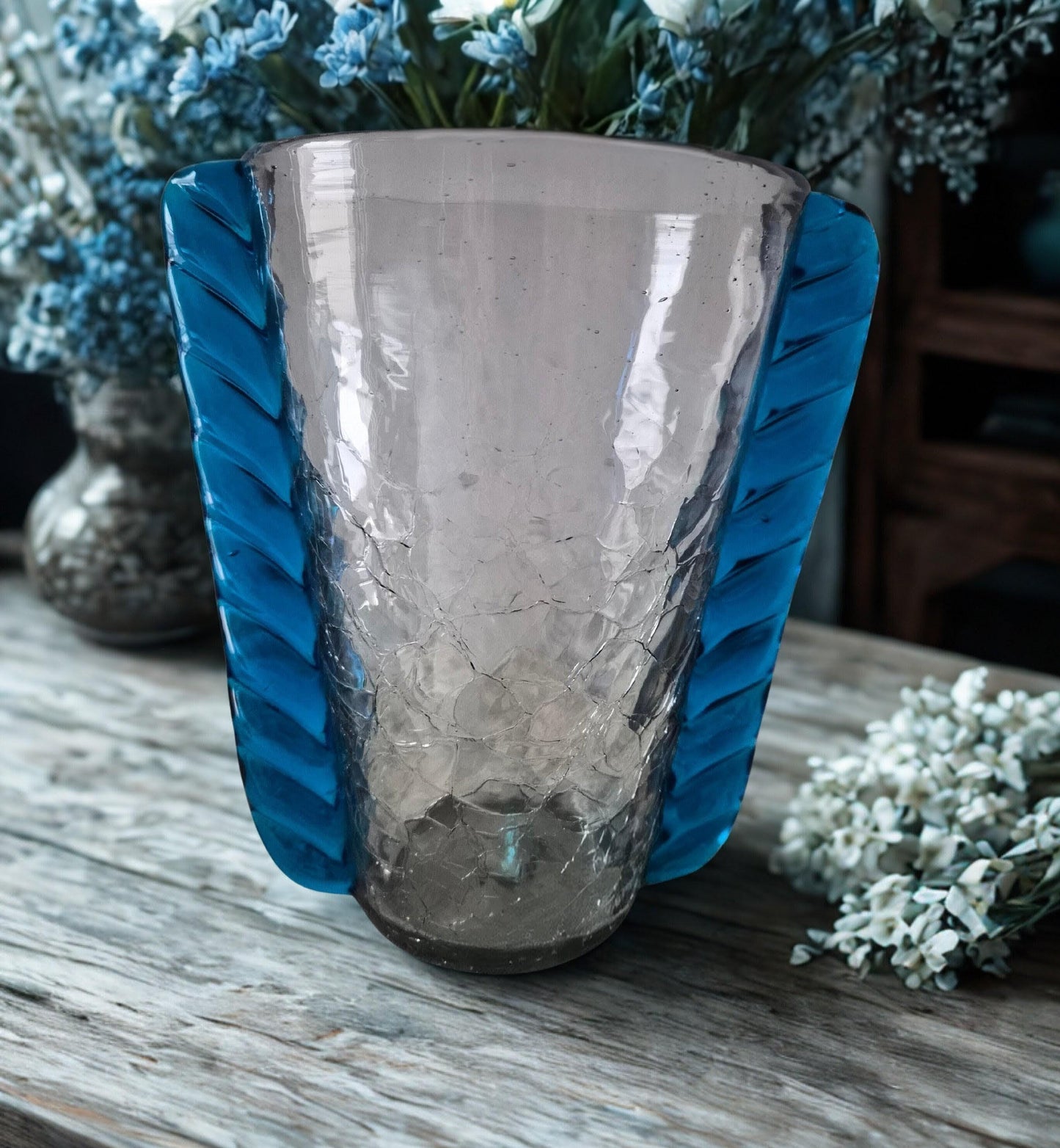 Blenko Crackle Glass Ribbed Handled Vase
