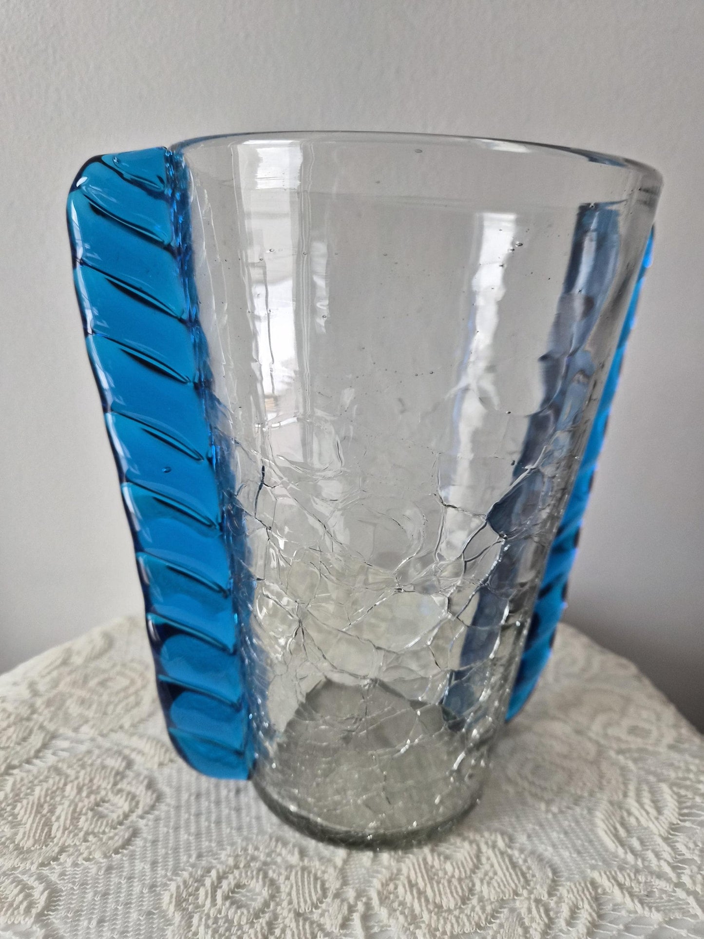 Blenko Crackle Glass Ribbed Handled Vase