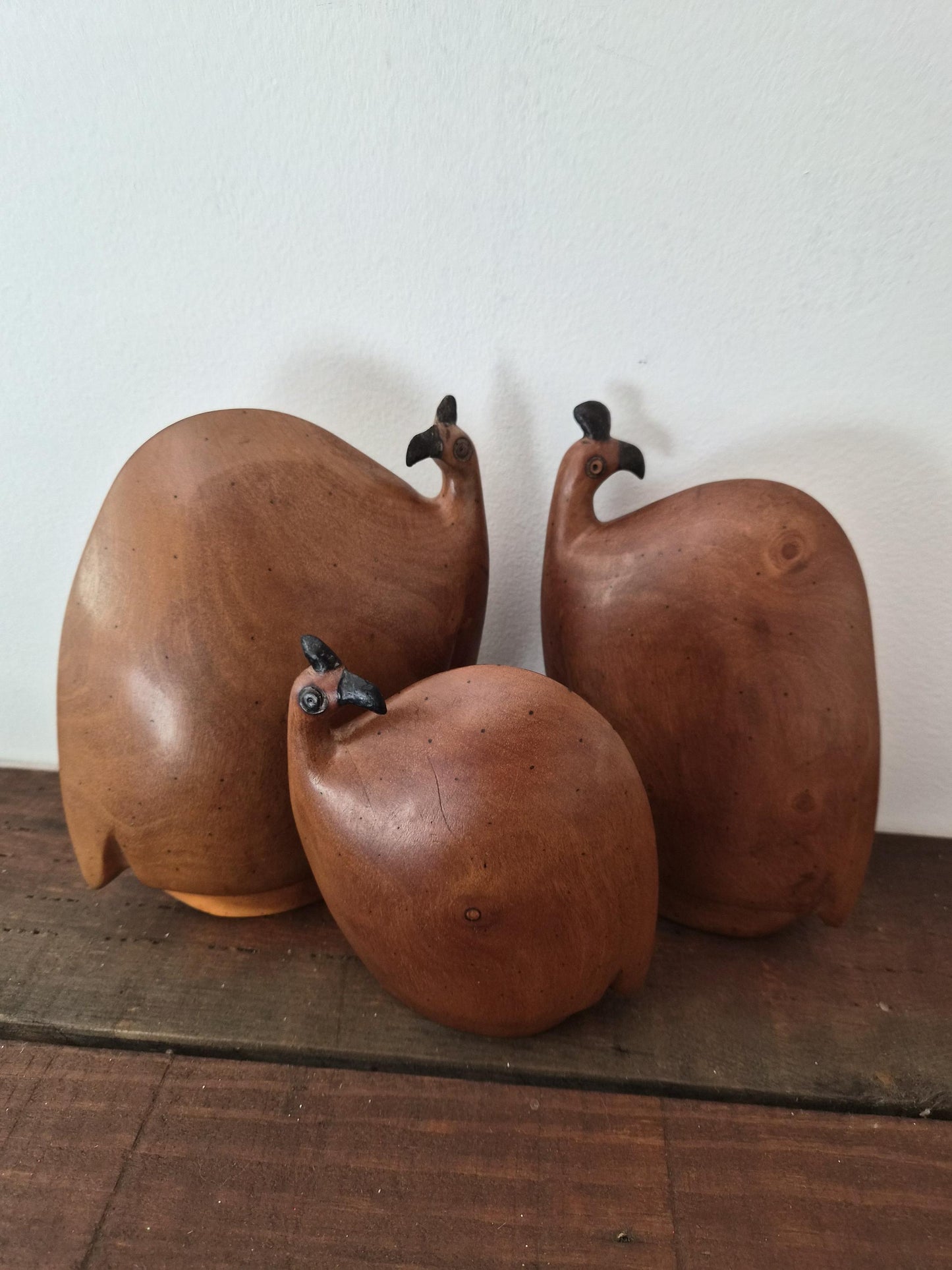Retro Teak Wood Guinea Fowl Family