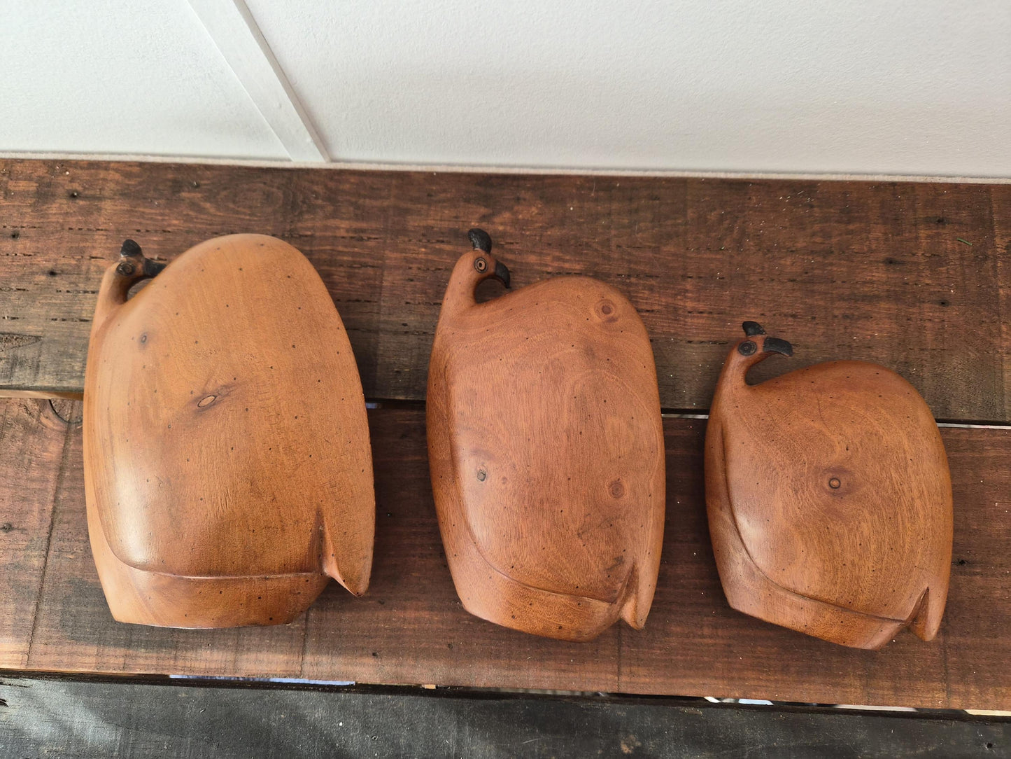 Retro Teak Wood Guinea Fowl Family