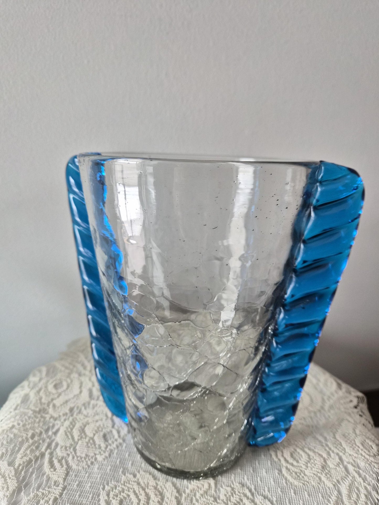 Blenko Crackle Glass Ribbed Handled Vase