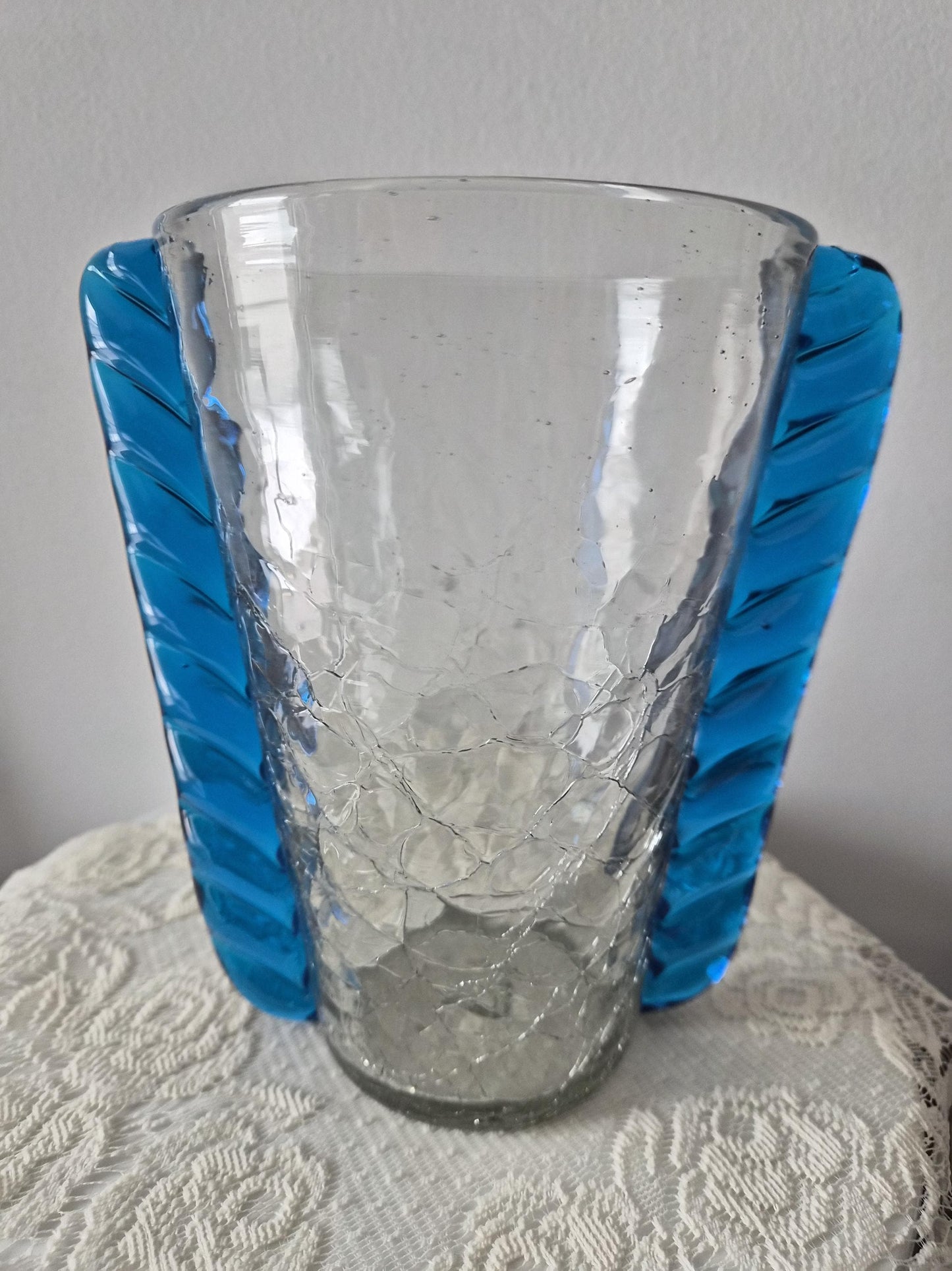 Blenko Crackle Glass Ribbed Handled Vase