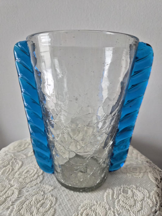 Blenko Crackle Glass Ribbed Handled Vase