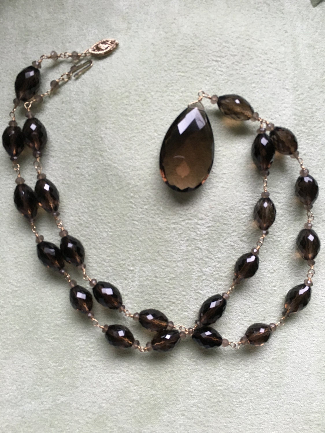 Faceted Smoky Quartz Station Necklace w/Teardrop 14K Links and Clasp