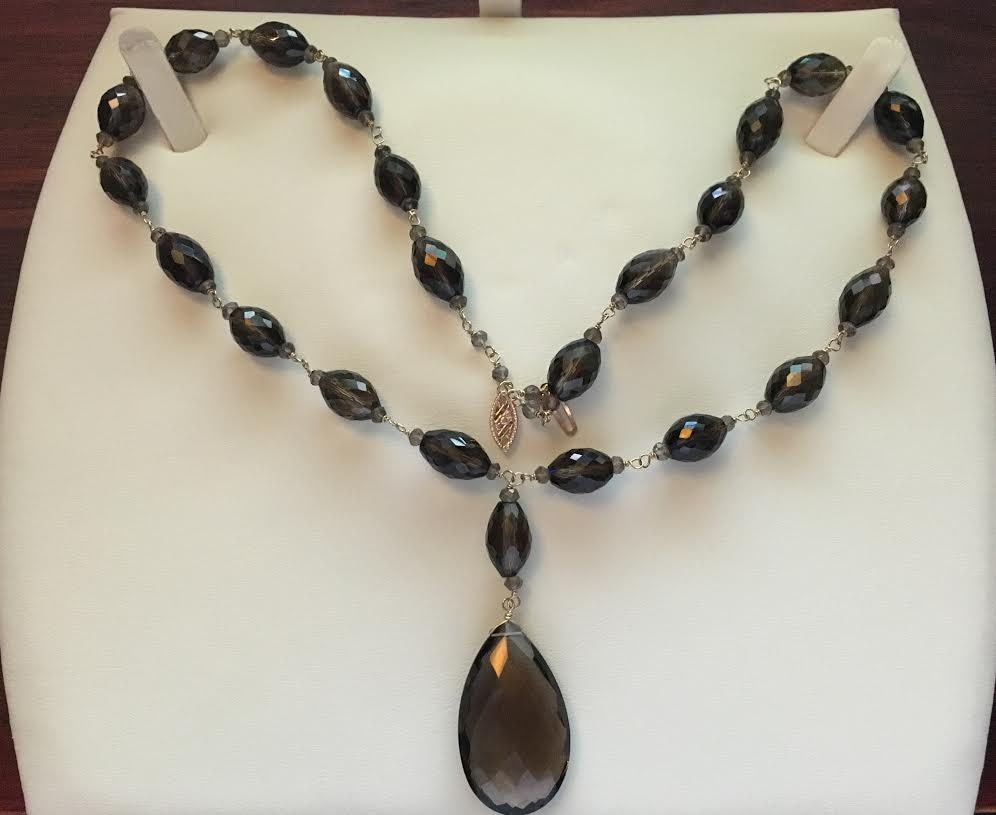 Faceted Smoky Quartz Station Necklace w/Teardrop 14K Links and Clasp