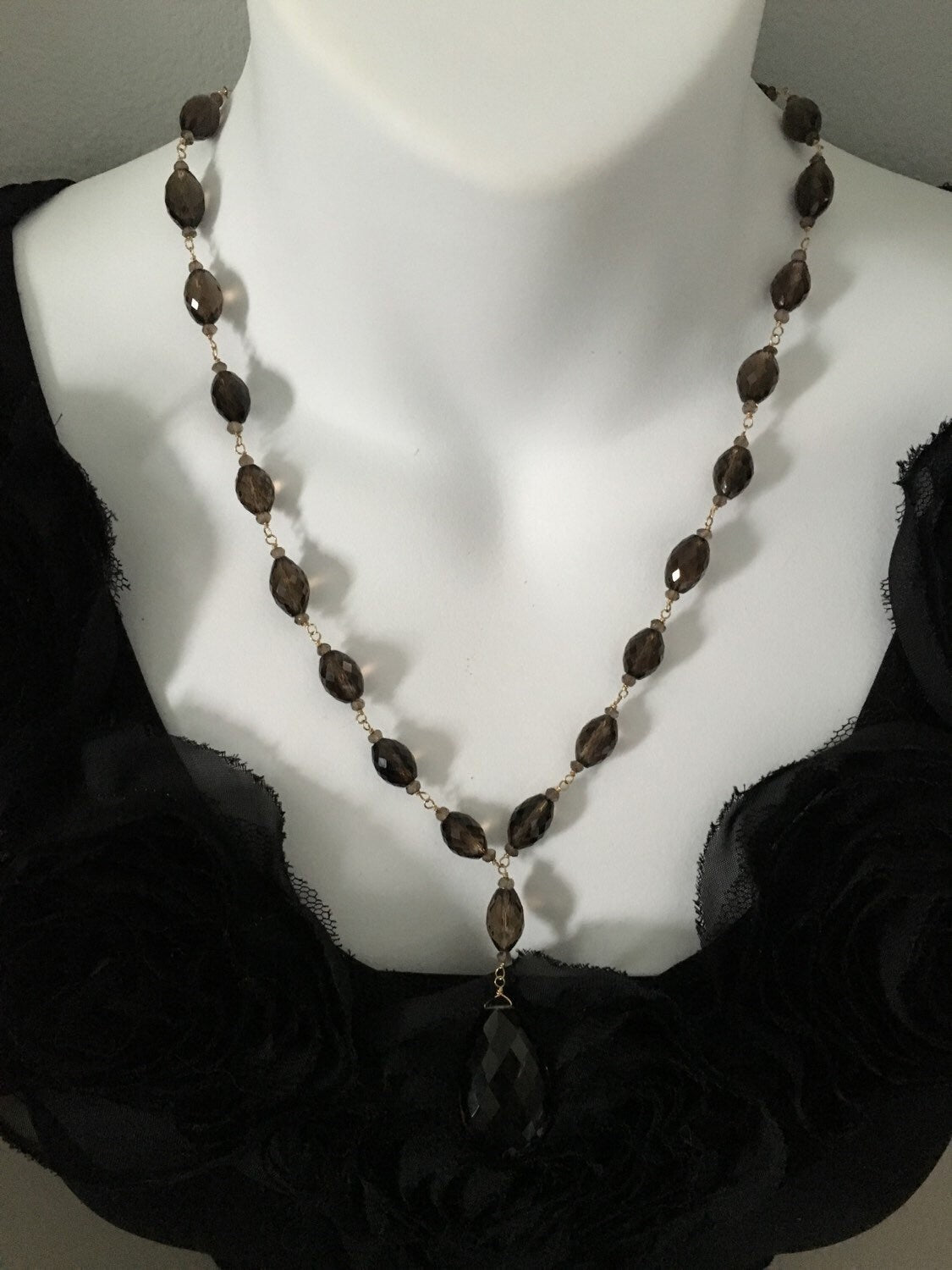 Faceted Smoky Quartz Station Necklace w/Teardrop 14K Links and Clasp