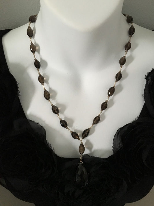 Faceted Smoky Quartz Station Necklace w/Teardrop 14K Links and Clasp