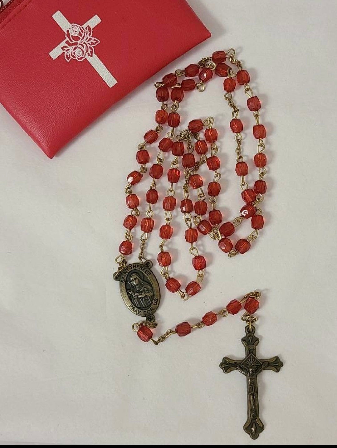 Vintage Red Fauceted Bead Rosary