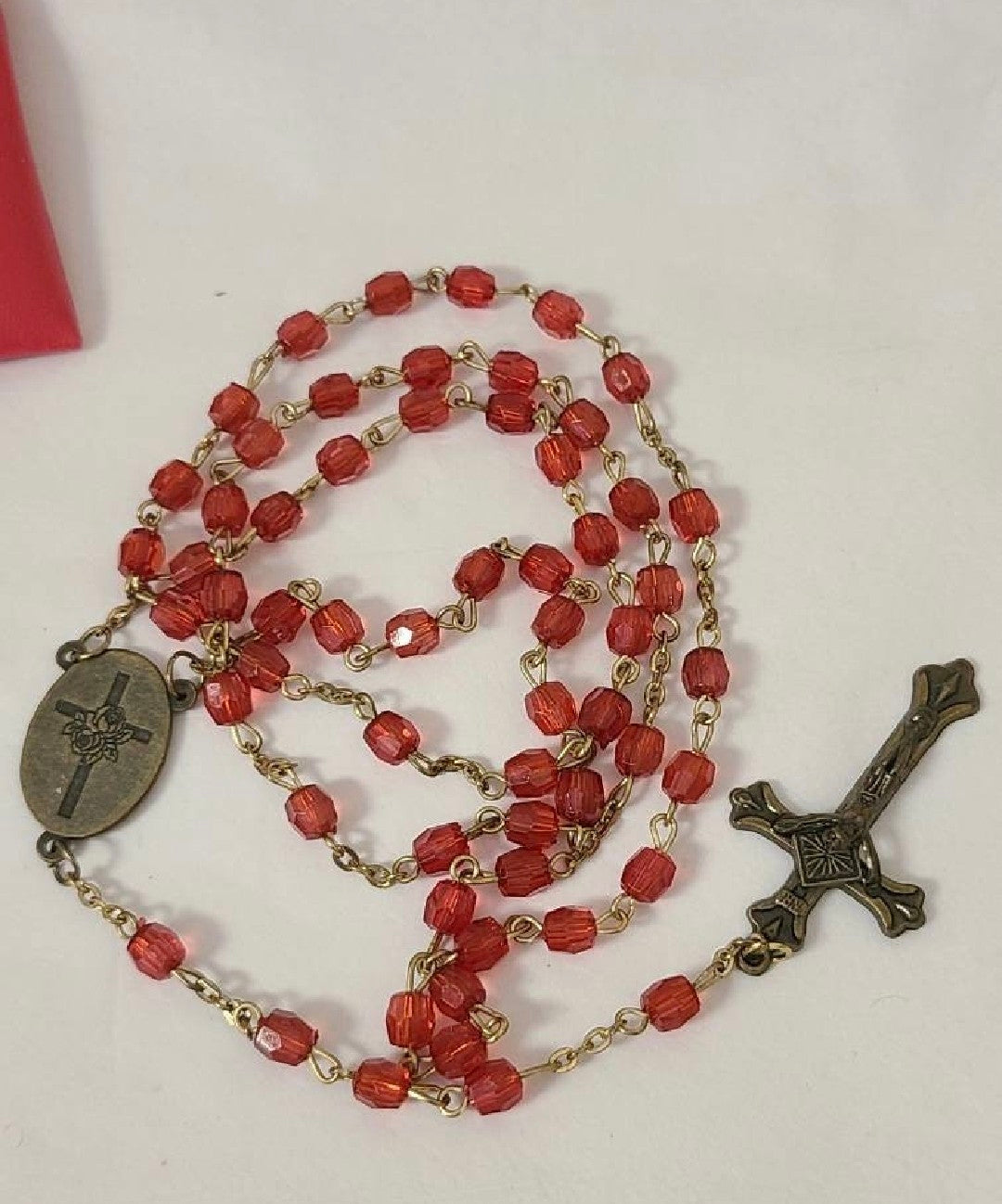 Vintage Red Fauceted Bead Rosary