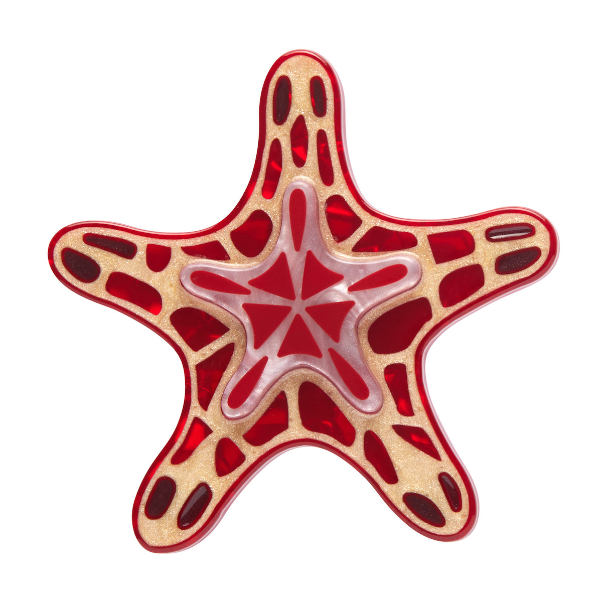 Red and golden acrylic starfish brooch