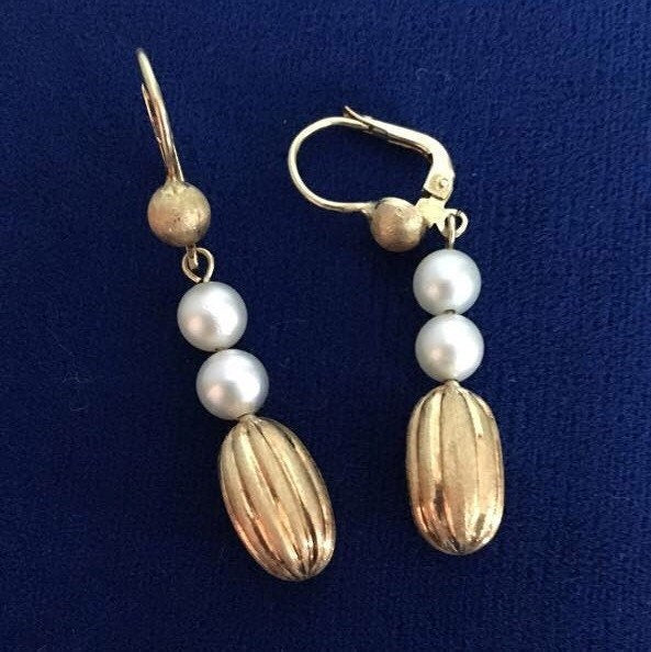 Vintage, Estate, 18K Yellow Gold Oval Drop and Pearl Leverback Earrings - 1960's