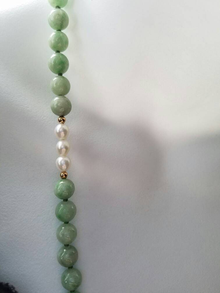 Vintage Jade and Pearl Necklace with 14K Yellow Gold Spacer Beads