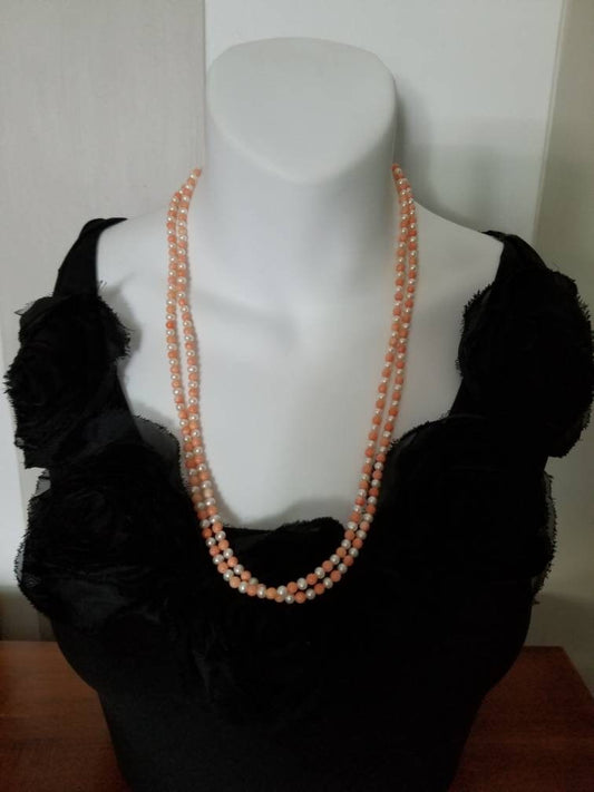 Vintage Genuine Freshwater Pearl and Coral Continuous or Double Strand Necklace w/Sterling Clasp