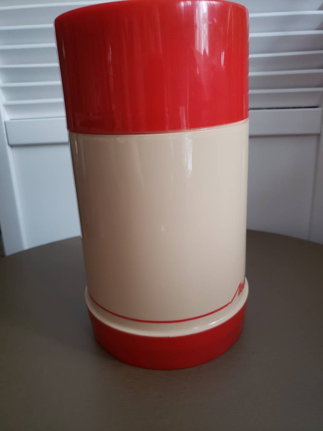 Vintage Aladdin Plastic Soup Thermos w/ Spoon White/Red Lunch Storage 10 oz