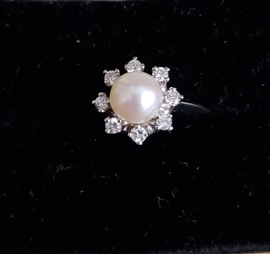 Vintage Estate Pearl and Halo Diamond Ring 18K