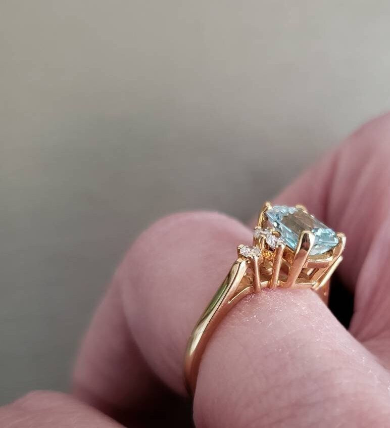 Estate Emerald Cut Genuine Aquamarine and Diamond Ring 14K -Local in-store pickup only.