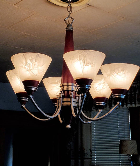 Mid Century Wood Pewter Chandelier