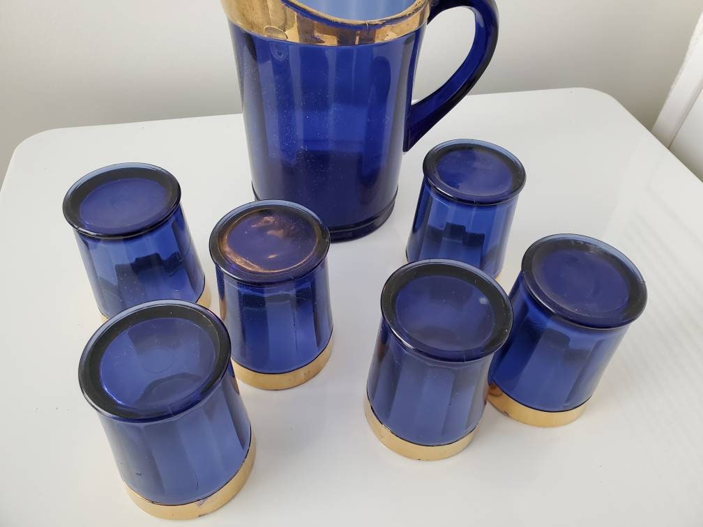 Vintage Blue Pitcher and Glassware