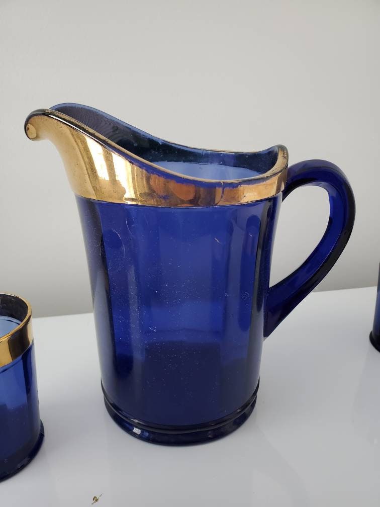Vintage Blue Pitcher and Glassware