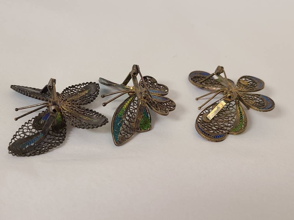 Vintage Silver Enamel Butterfly Brooches