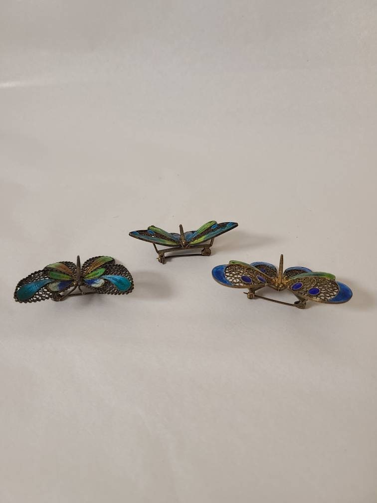 Vintage Silver Enamel Butterfly Brooches
