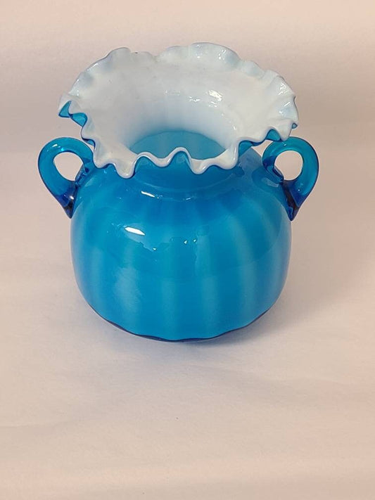 Vintage Cased Ruffled Blue White Vase