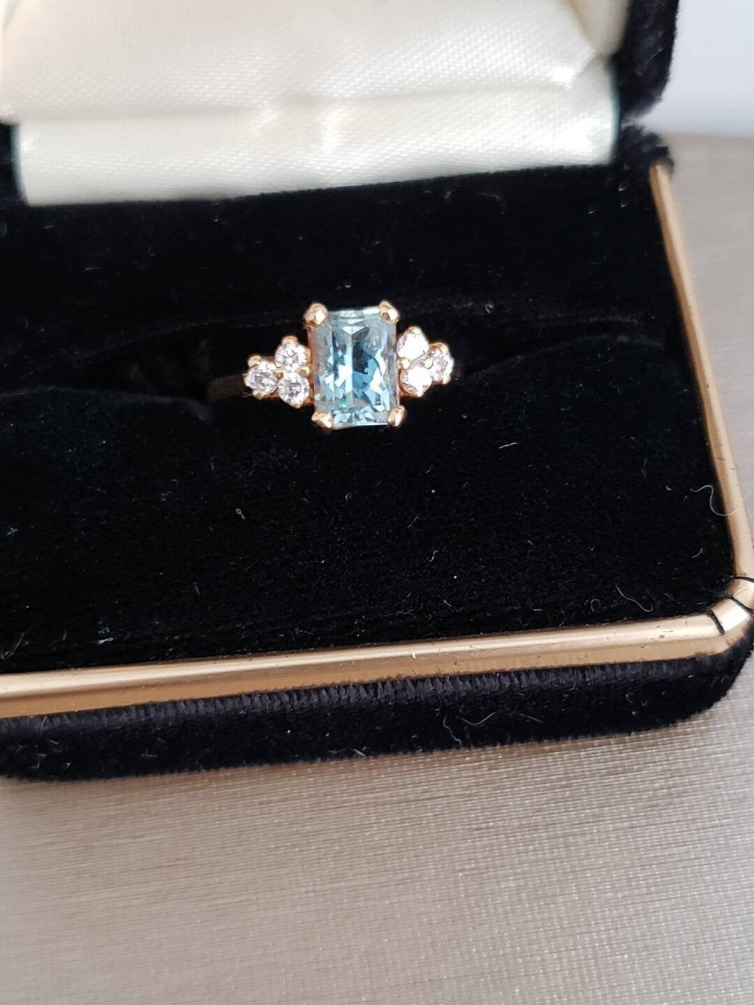 Estate Emerald Cut Genuine Aquamarine and Diamond Ring 14K -Local in-store pickup only.
