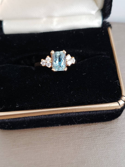 Estate Emerald Cut Genuine Aquamarine and Diamond Ring 14K -Local in-store pickup only.
